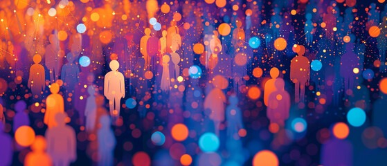 A visually striking banner celebrating unity and connection, portraying diverse people shapes interlinked by dots and lines in a vibrant color palette of blue, orange, and purple. Ai generated - obrazy, fototapety, plakaty