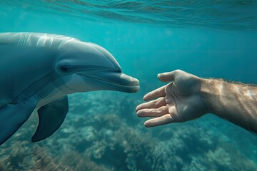 Fototapeta premium The hand of a man next to the muzzle of a dolphin in the water. Friendship and trusting relationship between man and animal.