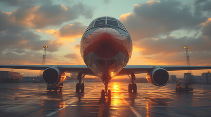 Backlit image of passenger airplane standing stationary on airport apron. Low evening sun creates a long shadow of aircraft silhouette on concrete surface
