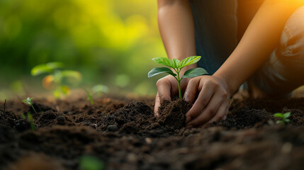 Earth Day: Female hands cradle growing seedlings, set against a bokeh green background. Symbolizing forest conservation, nurturing nature on a grassy field. - obrazy, fototapety, plakaty