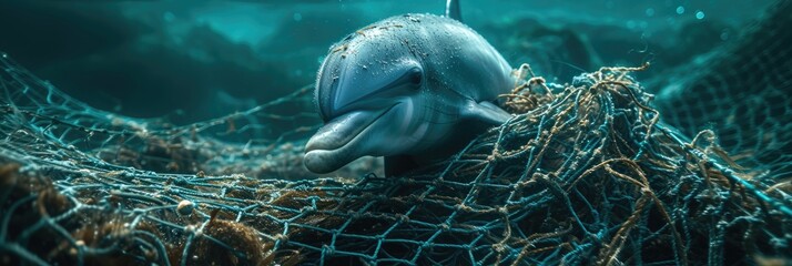 A dolphin entangled in a net for fishing. Generative Ai. - obrazy, fototapety, plakaty