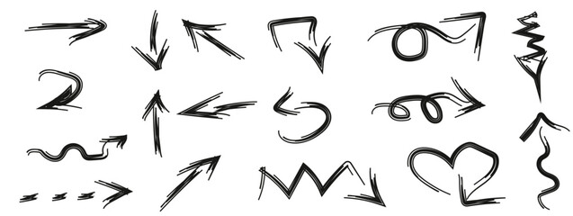 Big set Doodle Hand Drawn elements isolated on white background. Doodle Arrows brush collection. Loop, wave arrow and underline. Vector illustration. EPS 10