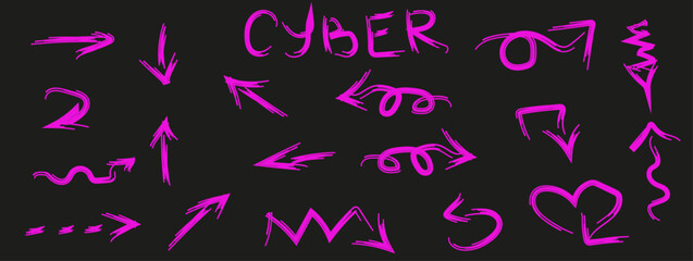 Big set Neon Doodle Hand Drawn elements isolated on black background. Purple Doodle Arrows brush collection. Arrows and underline in Cyberpunk style. Vector illustration. EPS 10 Editable stroke