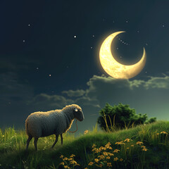 eid ul Adha Mubarak, happy Eid al Adha, sheep with moon in the background. herd of sheep with an Islamic background.
