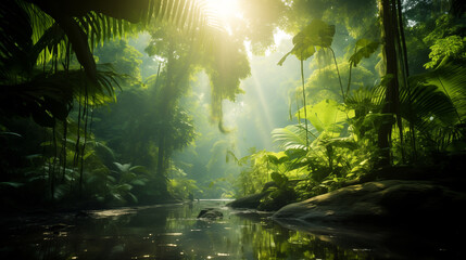 Obraz premium Dreamy tropical landscape with rainforest. Banner with greenery and copy space for your text. Bali style template for your design, exotic photo with green palm leaves and atmospheric sunlight rays. 