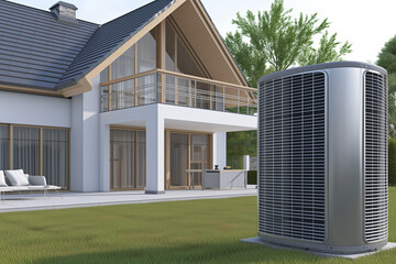 Air heat pump near modern house