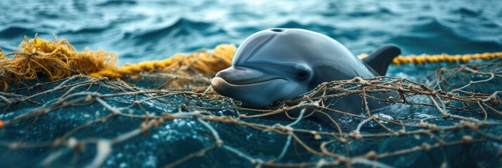 A dolphin entangled in a net for fishing. Generative Ai.