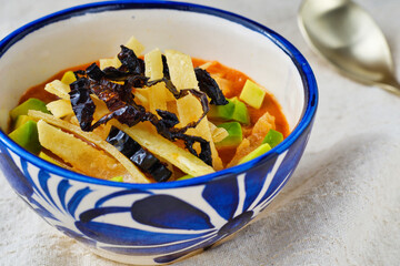 メキシコのトルティージャのスープ　ソパ・デ・トルティージャ（ソパ・アステカ）コピースペースあり
 Mexican tortilla soup　Sopa de Tortilla (Sopa Azteca）with copy space
