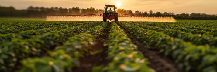 Spraying herbicides on a soybean field using a tractor. Generative Ai.
