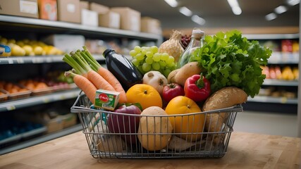 a grocery basket filled with fresh goods. Food and grocery stores offer online shopping and delivery services. 