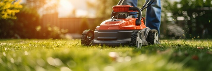 A electric cordless mower is used by a gardener. Generative Ai.