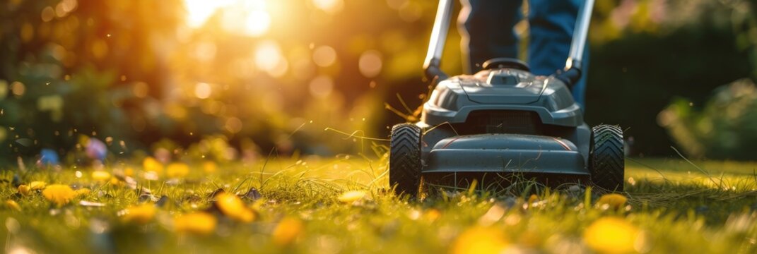 A electric cordless mower is used by a gardener. Generative Ai.