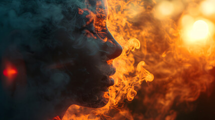 a person breathing in the morning sun with warm breath forming smoke