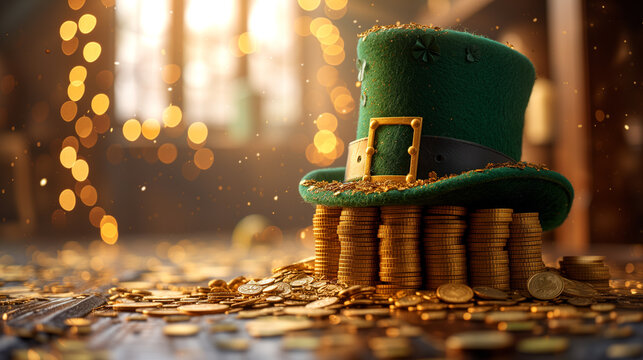 3d render of Saint Patrick's Day hat on a pile of gold coins with warm bokeh lights.
