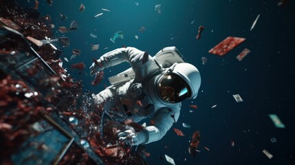 Astronaut in middle of space debris. Generative AI