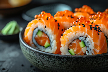 Japanese Maki Sushi Pieces, Asian Cuisine in Stoneware Bowl Closeup