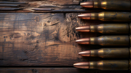 Military firepower: Cartridges for a rifle and a carbine on a wooden background - obrazy, fototapety, plakaty
