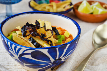 メキシコのトルティージャのスープ　ソパ・デ・トルティージャ（ソパ・アステカ）コピースペースあり
 Mexican tortilla soup　Sopa de Tortilla (Sopa Azteca）with copy space
