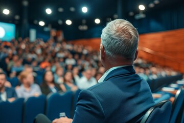 A business and entrepreneurship conference. A speaker delivering a talk at a business meeting. Audience in the conference hall. Rear view of an unrecognized attendee