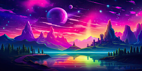 Cartoon aurora, vintage graphics mountain background, vibrant landscapes backdrop, colorful landscape illustration, generated ai
