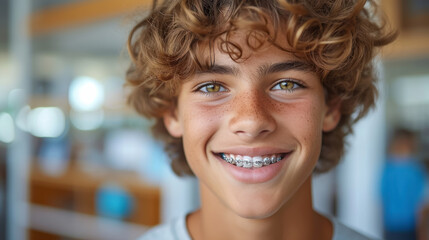 The education concept is vividly represented in a close-up portrait of a cheerful young boy with curly hair and dental braces, who is smiling joyfully in a school setting - obrazy, fototapety, plakaty