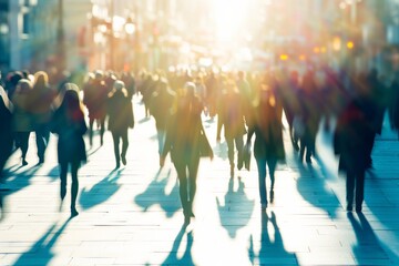 Blurred image of a crowd of unidentifiable people walking in the city. Bleached effect. Conceptualizes business, shopping, modern life, corporate, future - obrazy, fototapety, plakaty