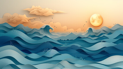 Serene Sunset Ocean View: Waves, Birds, and Clouds
