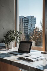 A still life architectural scene with a laptop computer
