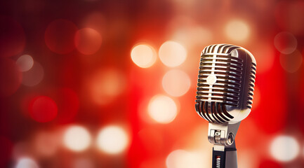 a vintage microphone in front of bokeh background, in the style of light red and silver