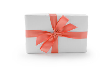 White gift box with orange ribbon bow isolated on white background
