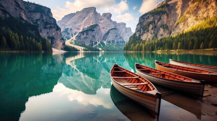 Stunning romantic place with typical wooden boats on the alpine lake,(Lago di Braies) Braies lake,Dolomites,South Tyrol,Italy,Europe Generative Ai