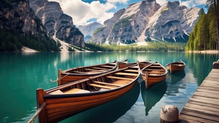 Fototapeta premium Stunning romantic place with typical wooden boats on the alpine lake,(Lago di Braies) Braies lake,Dolomites,South Tyrol,Italy,Europe Generative Ai