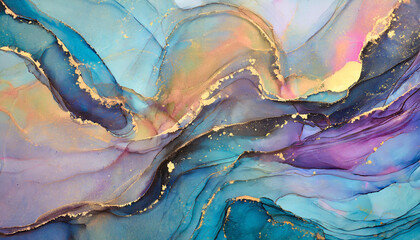 	
Currents of translucent hues, snaking metallic swirls, and foamy sprays of color shape the landscape of these free-flowing textures. Natural luxury abstract fluid art painting in alcohol ink techniq