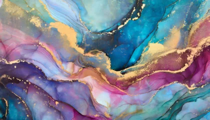 Papier Peint photo Lavable Cristaux   Currents of translucent hues, snaking metallic swirls, and foamy sprays of color shape the landscape of these free-flowing textures. Natural luxury abstract fluid art painting in alcohol ink techniq