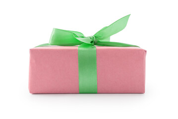 Pink paper present box with green ribbon bow isolated on white background