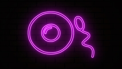 Glowing purple neon outline Sperm and egg cell icon isolated on brick wall background. Purple microscopic sperm and egg cell.