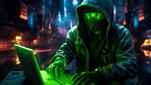A person in a neongreen cyberpunk suit holding a futuristic computer with multicolored LED lights while graffiti of a cyberpunk art