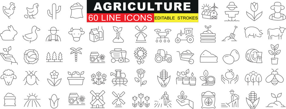 Agriculture, 60 line icons, editable strokes, farm, plants, tools, gardening. Perfect for web design, mobile app. Clear visuals for agricultural topics