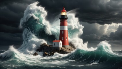 Obraz premium Stormy seascape crashing waves, lighthouse, dark clouds.