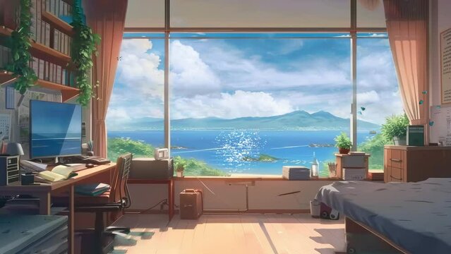 Tranquil Haven: A Room Bathed in Peaceful Ambiance with Breathtaking Landscape Views. Animated fantasy background, watercolor painting illustration style, seamless looping 4K video