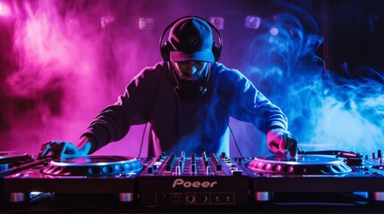 DJ plays music at a party in neon colors