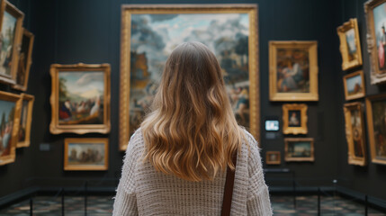 Back of an adult person looking at renaissance style paintings in an old museum art gallery
- 732285099