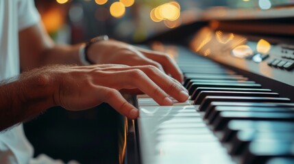 Closeup of hands playing piano keys