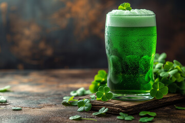Frothy green beer with clover leaves for Saint Patrick's Day celebration.