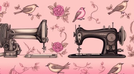 Vintage sewing machine and birds seamless pattern on pink background - textile print, wallpaper, t-shirt design - hand-drawn vector illustration