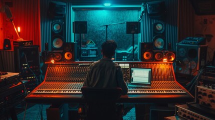 Sound engineer in a sound recording studio with a large recording console