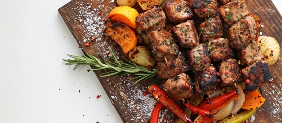 A delicious dish featuring meat and vegetables served on a wooden cutting board, perfect for any cuisine lovers.