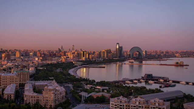 aerial, architecture, azerbaijan, azeri, baku, building, business, capital, caspian, caucasus, city, cityscape, coast, coastline, day, day to night, destination, district, downtown, europe, evening, e