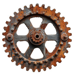 Rusty Old Cog Wheel Isolated on Transparent or White Background, PNG - obrazy, fototapety, plakaty