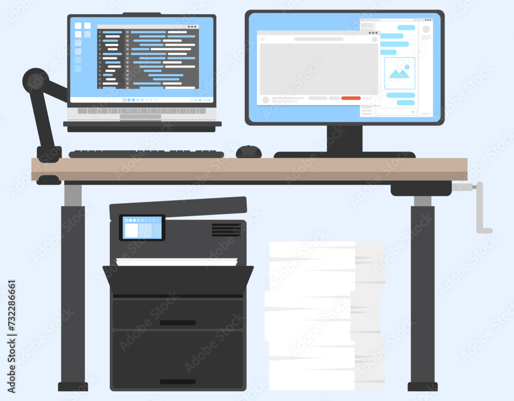 Fototapete programming operations with laptop notebook worktable, front view of laptop and monitor desk, coding